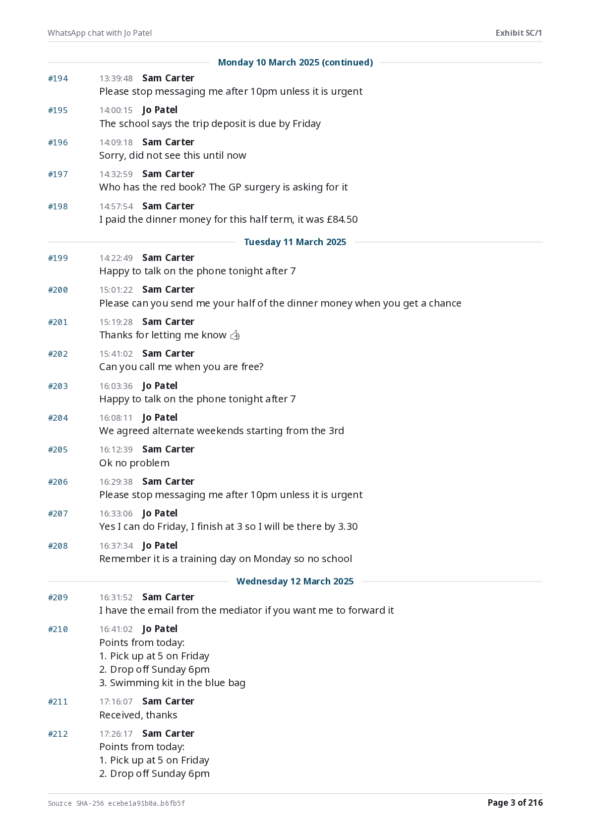 A page of a ChatBundle PDF: a day heading, then messages numbered #97 to #108 with times and senders, and a photo attachment shown in place